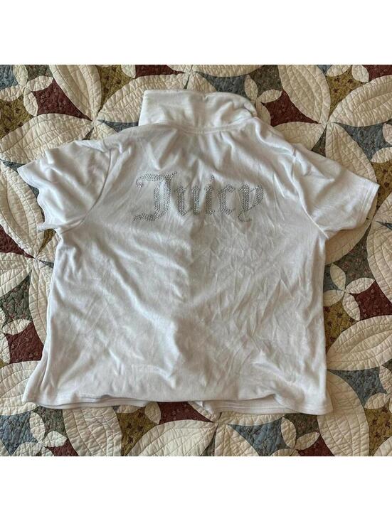 Juicy Couture Tops - Juicy Couture white button up velvet shirt w rhinestones Size XL bedazzled Y2K